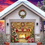 Christmas Garage Door Cover Decorations Banner Backdrop,Winter Christmas Fireplace Garage Door Cover