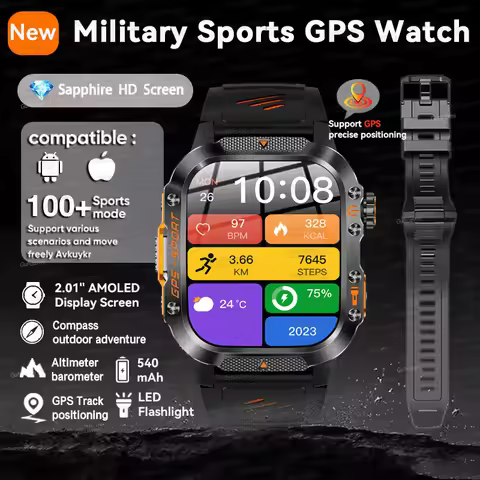2025 Military Sports GPS Watch 2.01" AMOLED Screen SmartWatch Built-in GPS Waterproof Compass 540mAh