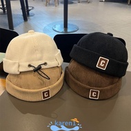KAREN Brimless Hat, Corduroy Solid Color Kids Docker Cap, Vintage Adjustable Design C Letter Warm Fa
