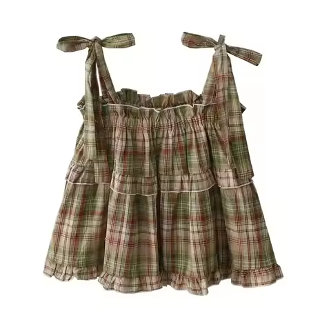 Y2K Hot Women Summer Acubi Japan Vintage Gyaru Tanks & Camis Lace Up Green Crop Top Plaid Strap Slee