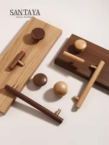 Santaya Nordic Walnut Wood Handle T bar Drawer Knob Cupboard Long Pulls Kitchen Cabinet Handle Furni