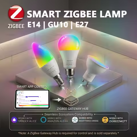 Zigbee 3.0 Smart Light Bulb E27 E14 GU10 RGBCW 2700-6500K LED Lamp Works with Zigbee2MQTT Home Assis
