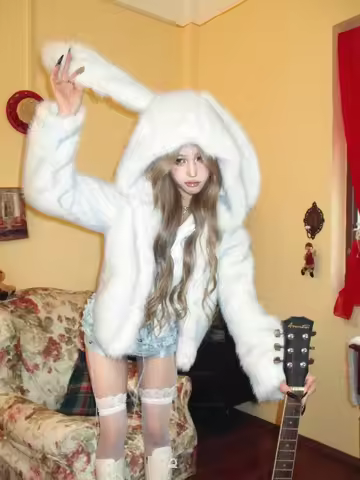 Sweet Rabbit Ear Fur Coat Women's Cute Plu Cotton Top ort Sle Long Sve Hooded Commute Faion Winter N