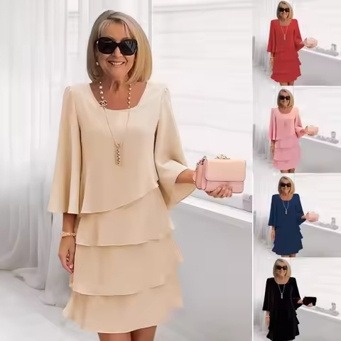 Women Cake Dress Summer O-neck 3/4 Long Sleeve Solid Mini Loose Party Dresses SZE-ST25084