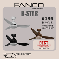 Fanco Bstar ceiling fan with light 36/46/52 inch dc motor with 3 tone led light and remote control , black , wood, white, cheapest ceiling fan with local warranty installation delivery singapore