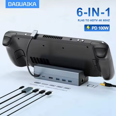 Steam Deck Dock 6 in 1 Steam Deck Rog Ally Docking Station Stand 3*USB 3.0 HDTV 4K@60Hz Gigabit Ethe