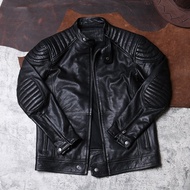 Jaket Motosikal Kulit Kambing Nipis Lembut yang Dibasuh Kolar Pendirian Pendek Jaket Kulit Fit Slim 