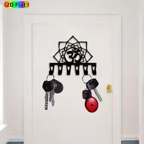 Om Lotus OM Metal Key Holder Wall Mount 6 Hooks, Vintage Entryway Yoga Studio Decor, Housewarming Me