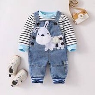 2pcs Baby Boys Winter Striped Long Sleeve Top + Denim Bib Pants 2-Piece Set With Cute Donkey Embroid