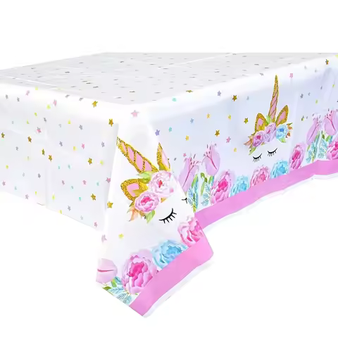 1Pc/3Pcs Party Tablecloth, Floral Unicorn Tablecloth, Pink Gold Unicorn Rose Flower Star Pattern, Bi