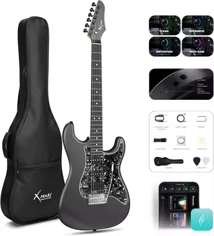 Enya XMARI Electric Guitar with DSP Effects, 4 Presets, USB-C Recording, Carbon Fiber Body. Full Kit