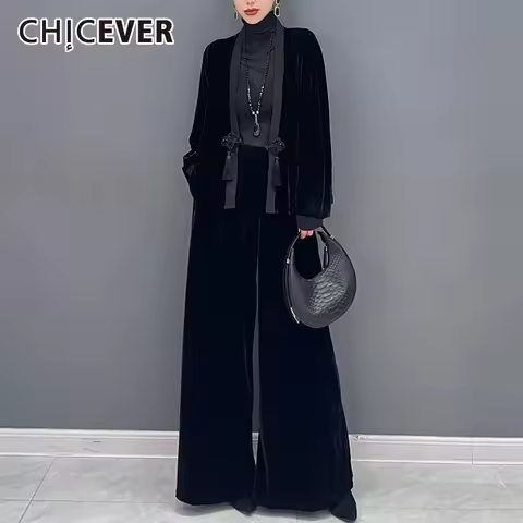 CHICEVER Fashionable Two Piece Set For Women Deep Neck Long Sleeve With Gold Velvet Button Jacket Ca