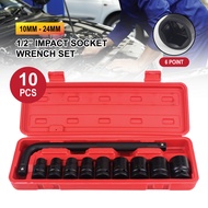 10mm-24mm Square Drive Impact Socket Wrench Set 10PCS 1/2” 6-Point L Bar Spanner Box Socket Kit Auto