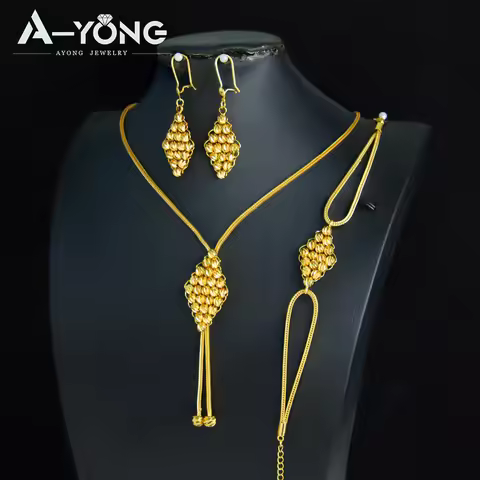 Luxury Dubai Gold Plated Necklace Set 21k Gold Color Saudi Fashion Bead Chokers Oman Women Luxury We