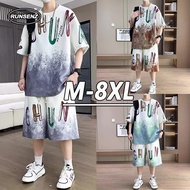 M-8XL Korean Tie Dye Sets Men Plus Size Short Sleeve T Shirt + Shorts