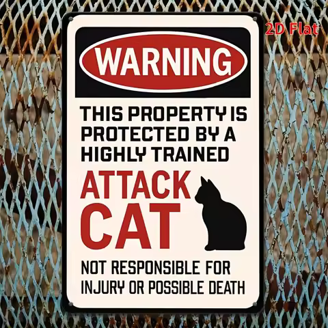 2D Flat, Cat Warning Sign - Humorous "Beware of This Property" Metal Tin Sign with Black Cat Silhoue