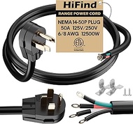 HiFind 4-Prong Replacement 50 Amp Range Power Cord 10 Ft, NEMA 14-50P to 4-Color Wire with Eyelet Co