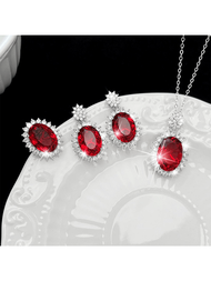 3入組橢圓形模擬鴿血紅寶石項鍊耳環戒指套裝，皇室風格