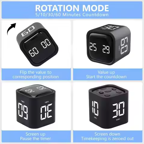 Gravity Sensing Digital Cube Timer Rotation Timing 5/10/30/60min Pomodoro Timer 3 Volume Adjustable 