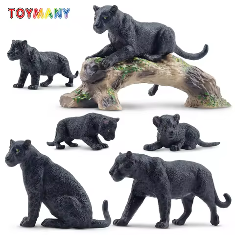 7Pcs Simulation Black Jaguar Figures, Wildlife Animal Model Toys for Kids Children Gift Set, Mini Co