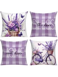 四入組薰衣草自行車紫色格子花紋枕頭套，採用春夏季花卉植物印花節慶家居布飾，適用於客廳和臥室的沙發和床頭靠墊套，全季節枕頭套