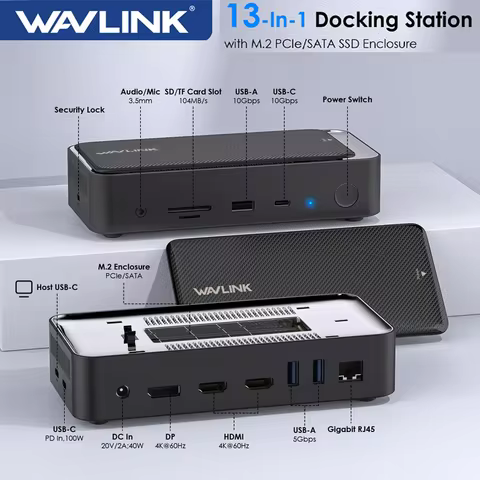 WAVLINK USB C Triple 4K@60Hz Display Docking Station 13-In-1 Type C 5Gbps Hub with M.2 PCIe/SATA SSD