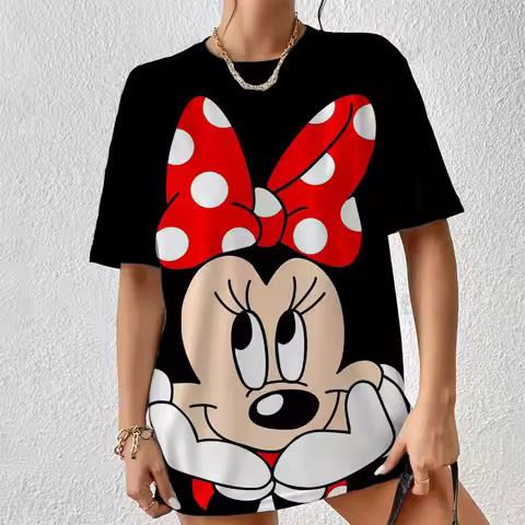Hot Women's Disney Minnie Mouse Oversized T-Shirt Summer Casual Fashion Red Polka Dot Bow Graphic Pr
