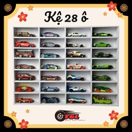 28-cell shelf displaying Hot Wheels, Tomica, MiniGT model cars - Many colors - 1/64 scale