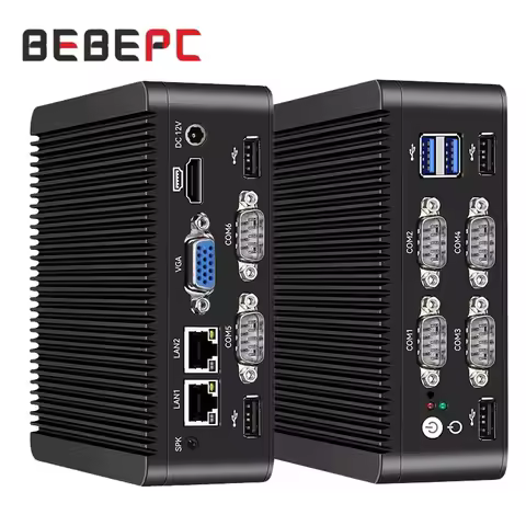 BEBEPC Fanless Mini PC Intel Celeron J4125 DDR4 Support WiFi Linux Computer with 2xRJ45 LAN 6xRS232 