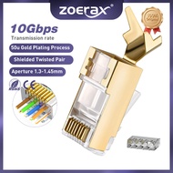 ZoeRax Shielded RJ45 Cat6A Cat7 Pass Through connectors - 3 Prong 8P8C 50U Gold Plated 2-Piece Pass-