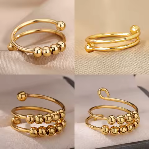 Anxiety Beads Rings for Women Gold Color Stainless Steel Open Spinner Adjustable Finger Ring Rotatin
