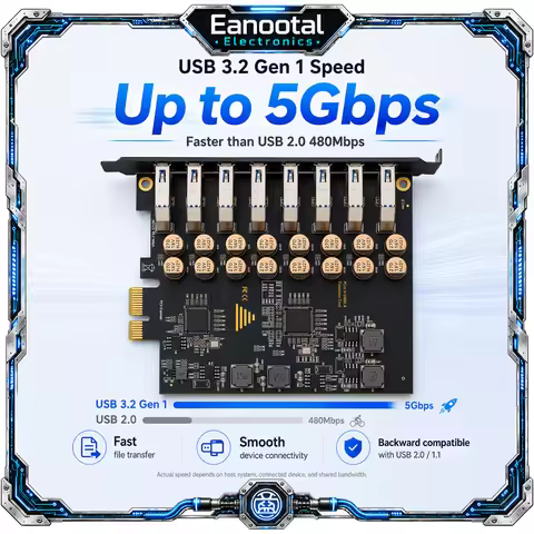 PCI Express X1 to 7 Port USB 3.0 Adapter Card, 10A Board Power USB-A Expansion for Desktop PC