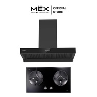 MEX Set รุ่น V7812MHR + K632BFB90 เตาแก๊ส 2 หัวเตาทองเหลืองและเครื่องดูดควันทรงกระโจม สีดำ (ชนิดติดต