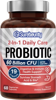 Surebounty Probiotics 60 Billion CFU 19 Strains, Probiotics for Men &amp; Women, with 100mg Prebiotic, Shelf Stable, 2-in-1 Daily Care Probiotic, Non-GMO, Digestive &amp; Immune Health, 60 Veggie Capsules