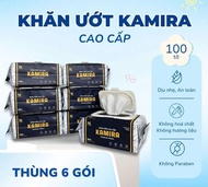 Thùng 6 gói khăn ướt Kamira Premium Wipes - gói lớn 100 tờ nặng 650gram/gói KMR006