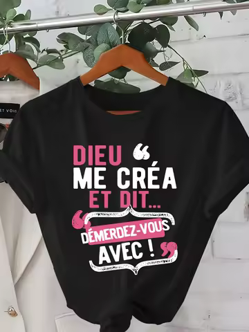 Women'S Casual Crew Neck T-Shirt with French Quote "Dieu Me C'est Mon Saint" - Playful Letter Print 