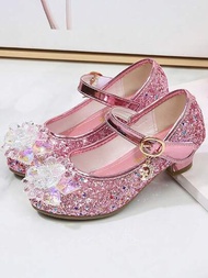 1對女孩粉色亮粉水晶高跟鞋,適用於春秋季舞台表演