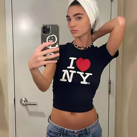I Love New York NY O Neck Womens Cropped Top Harajuku Gothic Clothes Y2k Summer Fashion T Shirt Baby