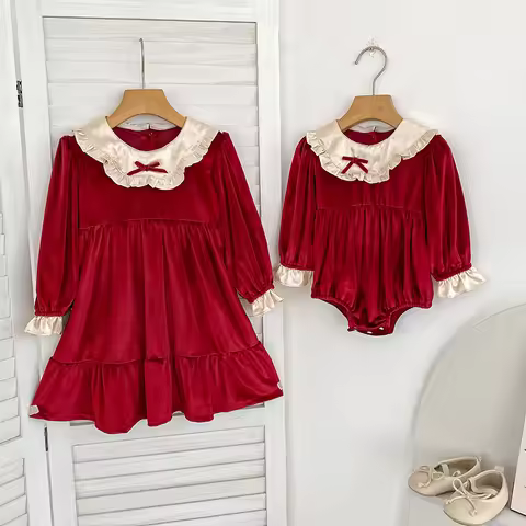 Christmas Sisters Girls Princess Dress New Year's Party Clothes Cotton Splicing Kids Party Dress Bab