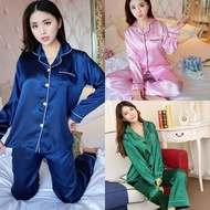 DOUBLEPING【Ready Stock】Baju Tidur Perempuan Pajamas Set Womens Silk Long Sleeves Nightwear Murah Kain Satin