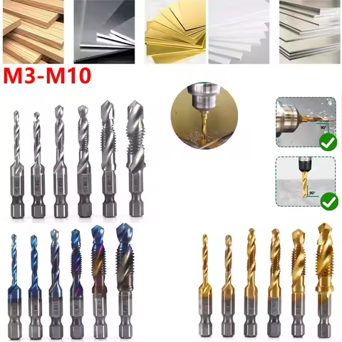 Tap and Drill Bit Set 6 PCS Metric Drill Bits Combination HSS Blue Coating Twist Drill Tap Combinati