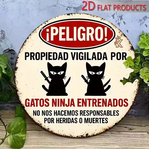 2D Flat, 1pc -Inspired Ninja Cat Wall Plaque - Spanish Warning Sign Style "Beware of Ninja Cats" Art