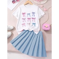 Sylvia Kids Girl Bowknots Print T-Shirt and Pleated Skirt 42128