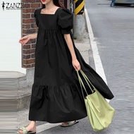 Phong cách Hàn Quốc zanzea nữ thời trang mới Váy Cổ Vuông Tay ngắn A-line màu trơn Đầm dài #0303