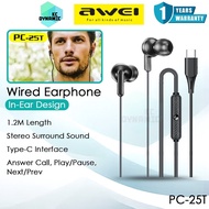 Awei PC-25T Wired Earphone Stereo Surround Sound Type-C Headphone Awei Earphone 1.2M Length Awei PC-