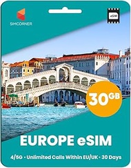 Europe & UK Travel eSim Card - 30GB Data, Calls and Texts Within UK & EU for 30 Days. Use in 50 Coun