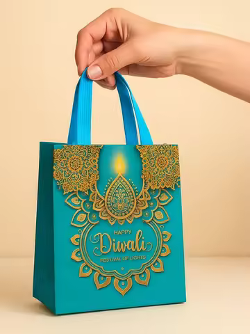 LPZHI Happy Diwali Festival of Lights Nonwoven Gift Tote Bag with Colorful Diya Print for Party Favo