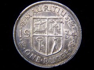 銀幣-1934年英屬毛里求斯(British Mauritius)殖民徽壹盧比(Silver Rupee)銀幣(英皇佐治五世像,少見)