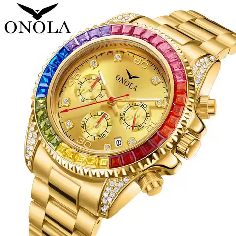 TOP Business Gold Quartz Watch Men's ONOLA Colorful Diamond Stainless Steel with Waterproof Men Watc