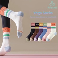 FUYOGI Women's Breathable Anti-Slip Yoga Socks - Striped Mid-Calf Fitness Socks For Pilates Indoor A